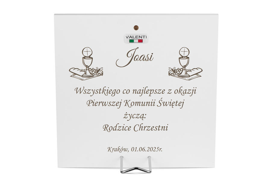 OBRAZEK Srebrny VALENTI BEŻ Anioł Latarnia 17x17 Prezent na Chrzest GRAWER